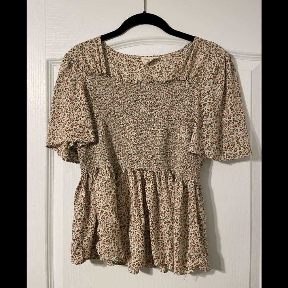 Large, orange creek, smocked, floral peplum blouse